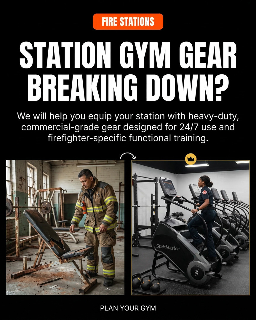 Total Body Experts ad for fire stations: "Station gym gear breaking down?" over a dark photograph of a firefighter training on a commercial stair climber, with a plan-your-gym call to action.