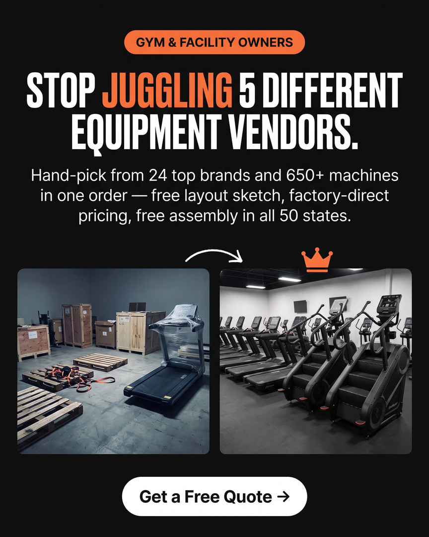 Total Body Experts ad for gym and facility owners: condensed headline "Stop juggling 5 different equipment vendors" above a before-and-after pair — crated machines on pallets beside a finished gym floor of treadmills and stair climbers.